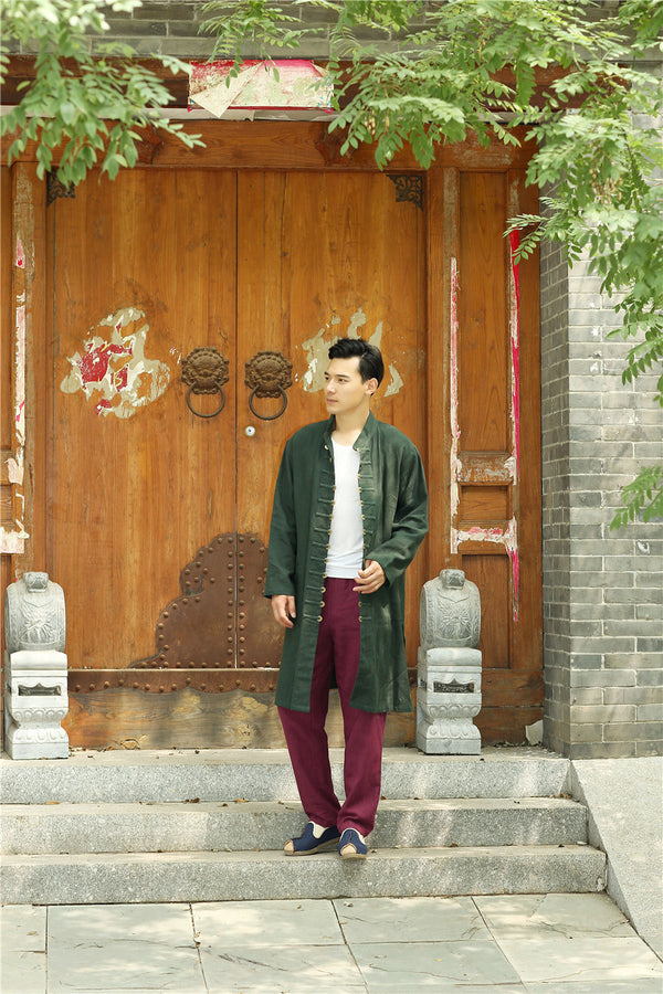 Men Asian Traditional Style KungFu Copper Buckle Linen and Cotton Tunic Coat