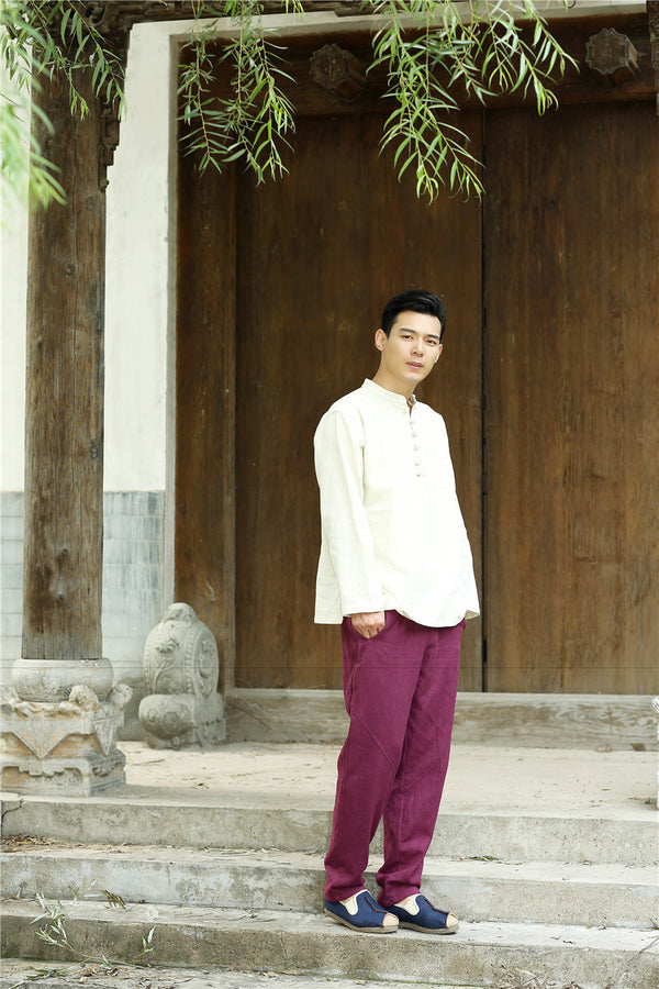 Men Round Neck Loose Long-sleeved Linen and Cotton Tops