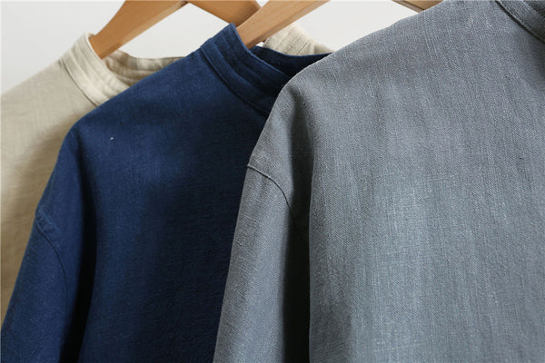 Men Round Neck Loose Long-sleeved Linen and Cotton Tops
