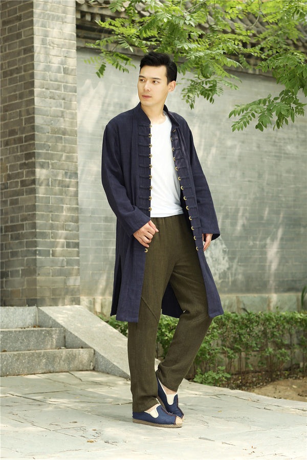 Men Asian Traditional Style KungFu Copper Buckle Linen and Cotton Tunic Coat