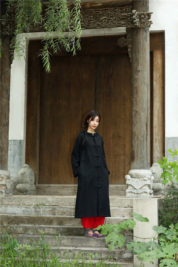 Women Simple Pure Color Linen and Cotton Witch Style Coat Hoodie
