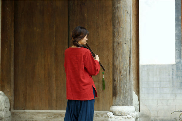 Women Chinese Traditional Style Round Neck Long Sleeve HanfFu Zen Linen and Cotton Top