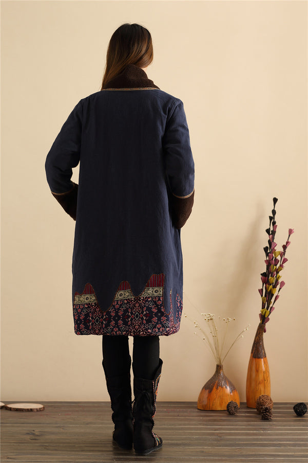 Women Retro Style Long Loose Linen and Cotton Quilted Coat