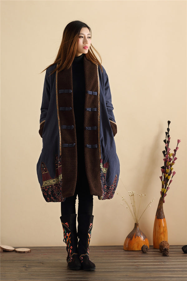 Women Retro Style Long Loose Linen and Cotton Quilted Coat