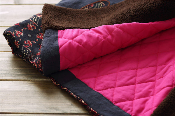 Women Retro Style Long Loose Linen and Cotton Quilted Coat