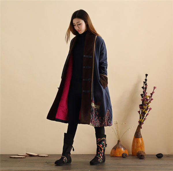 Women Retro Style Long Loose Linen and Cotton Quilted Coat