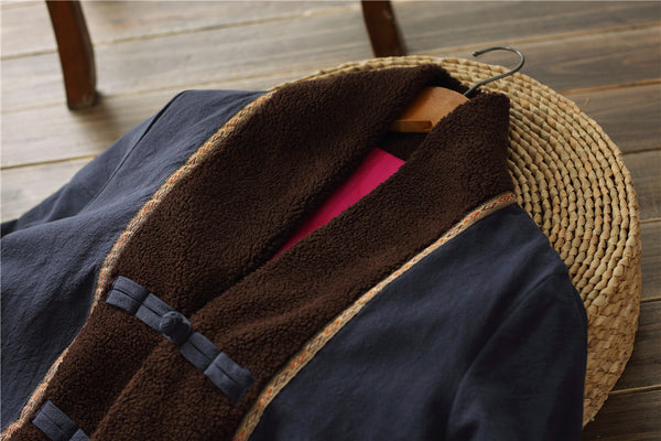 Women Retro Style Long Loose Linen and Cotton Quilted Coat