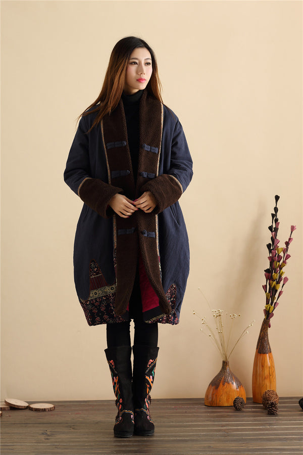 Women Retro Style Long Loose Linen and Cotton Quilted Coat