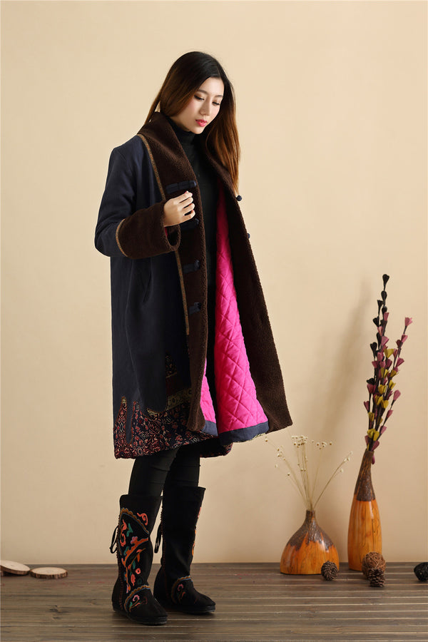 Women Retro Style Long Loose Linen and Cotton Quilted Coat