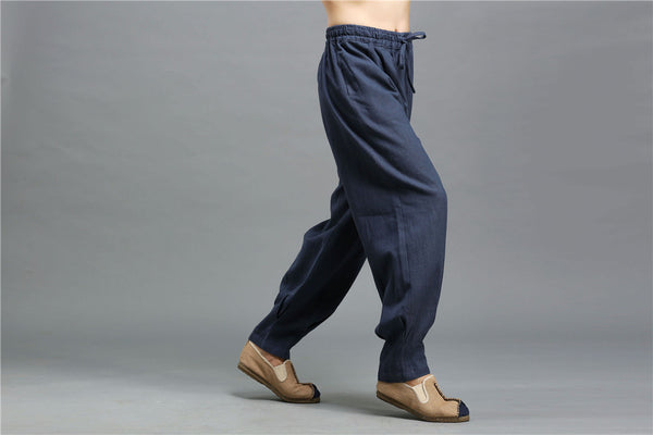 Men Casual Pure Color Loose Cotton and Linen Chinese Style KungFu Pants