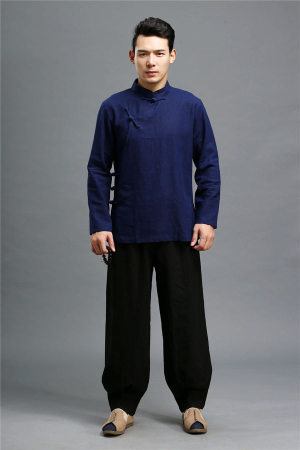 Men Casual Pure Color Loose Cotton and Linen Chinese Style KungFu Pants