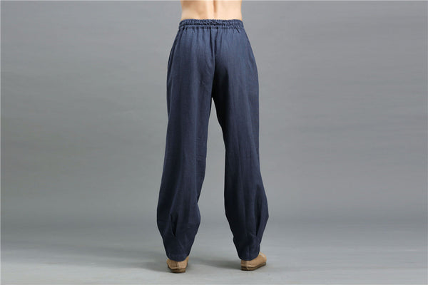 Men Casual Pure Color Loose Cotton and Linen Chinese Style KungFu Pants