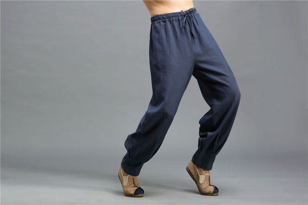 Men Casual Pure Color Loose Cotton and Linen Chinese Style KungFu Pants