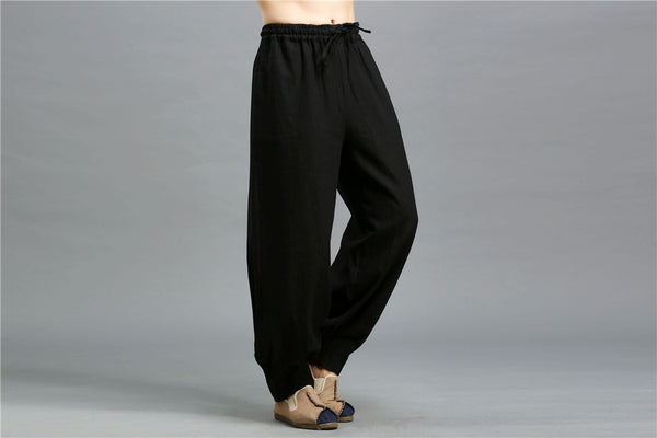 Men Casual Pure Color Loose Cotton and Linen Chinese Style KungFu Pants