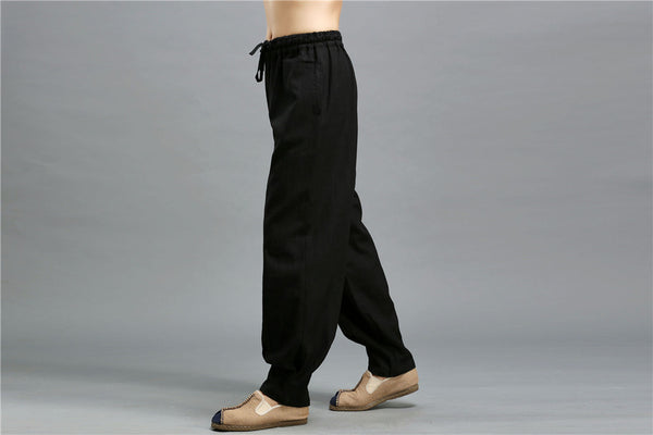 Men Casual Pure Color Loose Cotton and Linen Chinese Style KungFu Pants