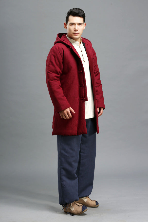 Men Simple Pure Color Style Linen and Cotton Middle Length Quilted Jacket