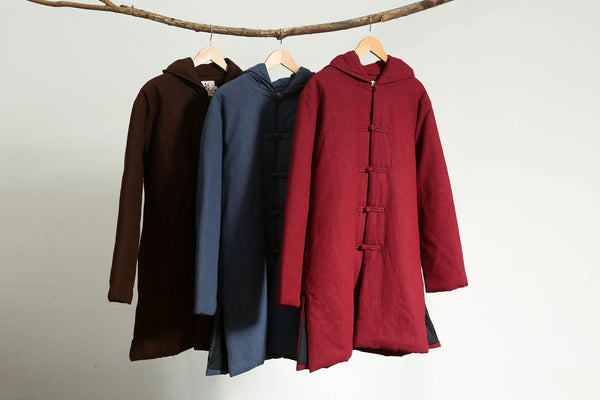 Men Simple Pure Color Style Linen and Cotton Middle Length Quilted Jacket