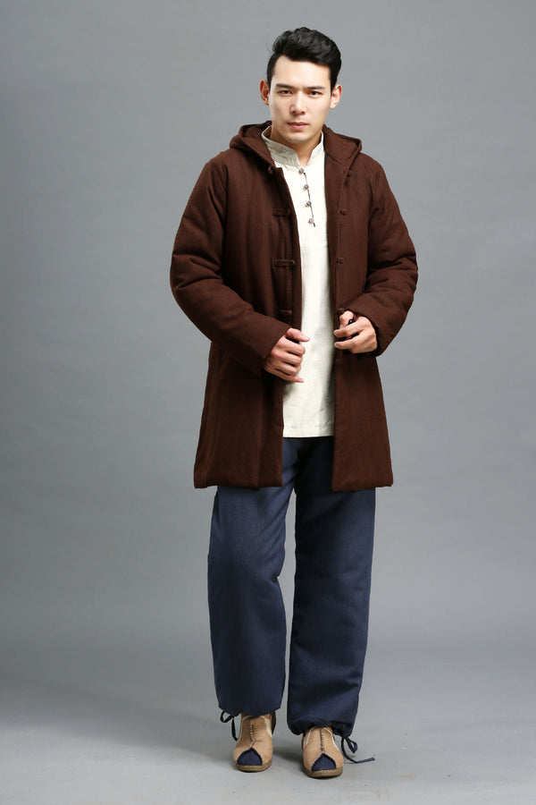 Men Simple Pure Color Style Linen and Cotton Middle Length Quilted Jacket