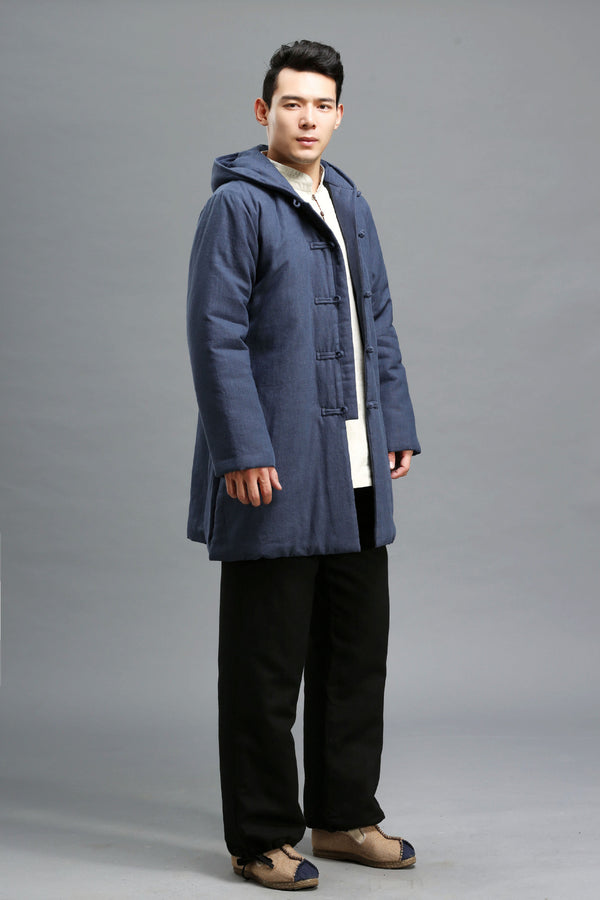 Men Simple Pure Color Style Linen and Cotton Middle Length Quilted Jacket