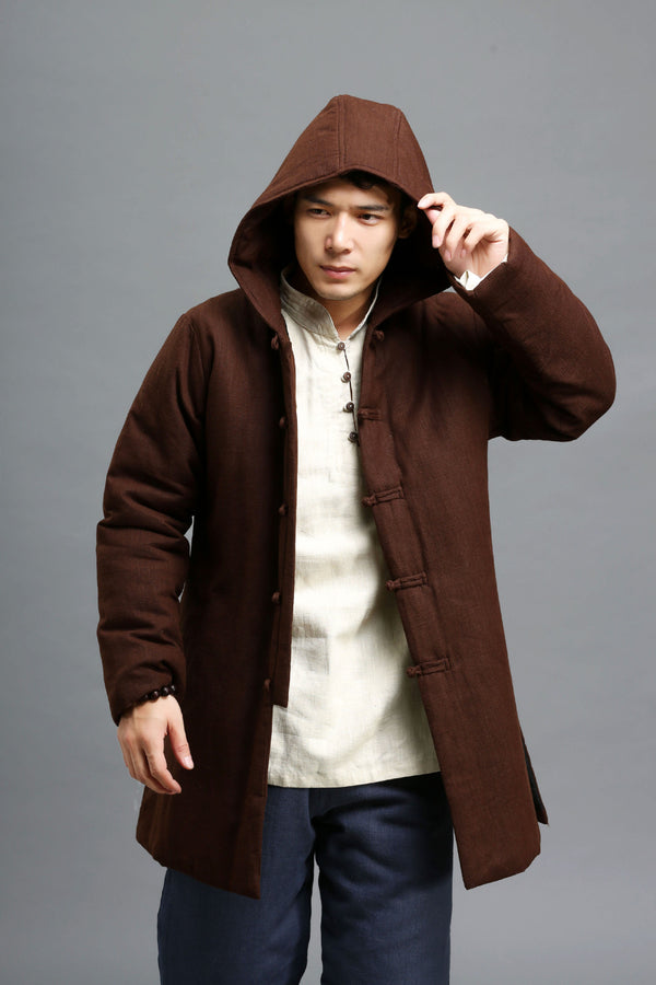 Men Simple Pure Color Style Linen and Cotton Middle Length Quilted Jacket