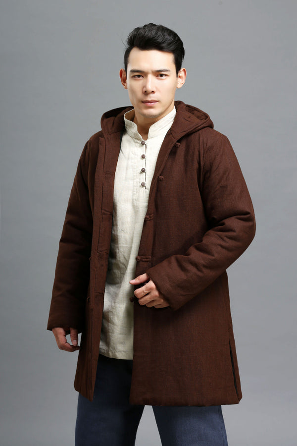 Men Simple Pure Color Style Linen and Cotton Middle Length Quilted Jacket