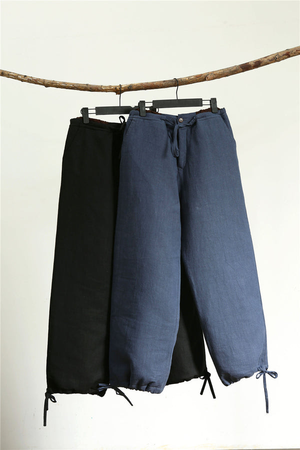 Men Casual Pure Color Cotton and Linen Loose KungFu Quilted Pants | Leg Opening with Elastic Band