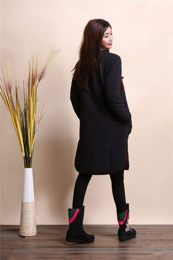 Women Asian Style Middle Length Diagonal Buckle Linen and Cotton Quilted Dress