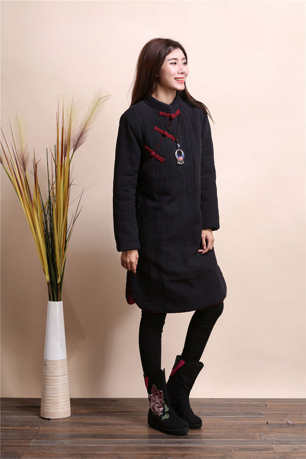 Women Asian Style Middle Length Diagonal Buckle Linen and Cotton Quilted Dress