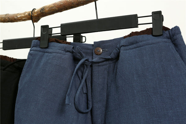 Men Casual Pure Color Cotton and Linen Loose KungFu Quilted Pants | Leg Opening with Elastic Band