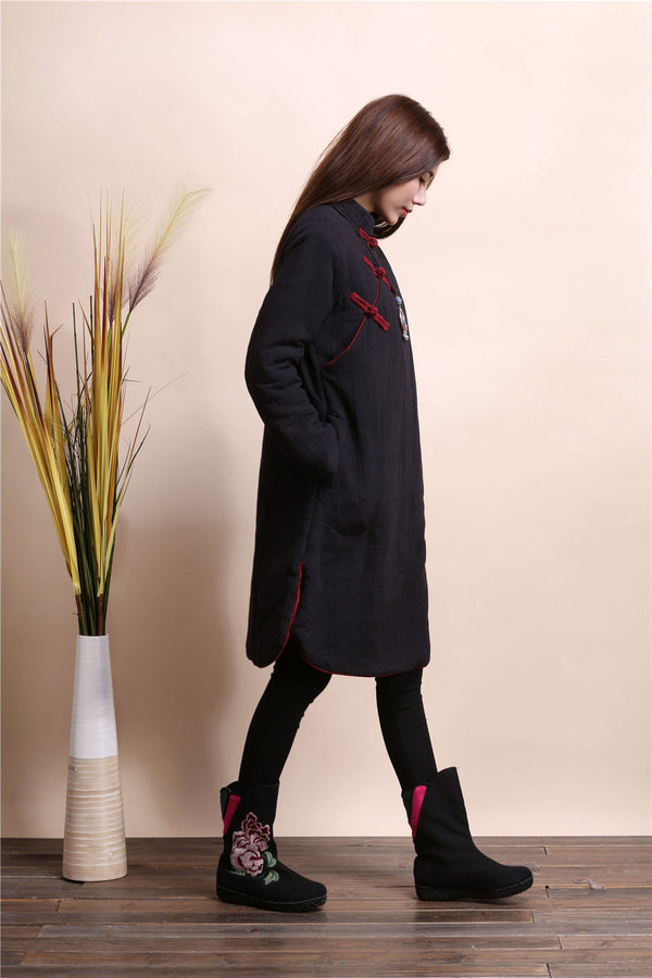 Women Asian Style Middle Length Diagonal Buckle Linen and Cotton Quilted Dress