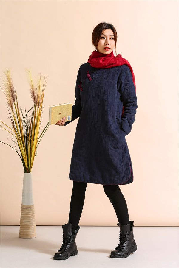 Women Asian Style Middle Length Diagonal Buckle Linen and Cotton Quilted Dress