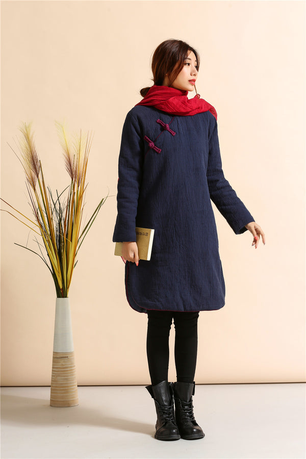 Women Asian Style Middle Length Diagonal Buckle Linen and Cotton Quilted Dress
