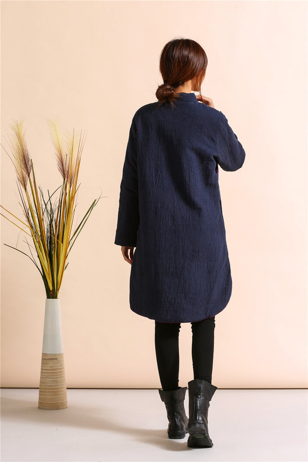 Women Asian Style Middle Length Diagonal Buckle Linen and Cotton Quilted Dress