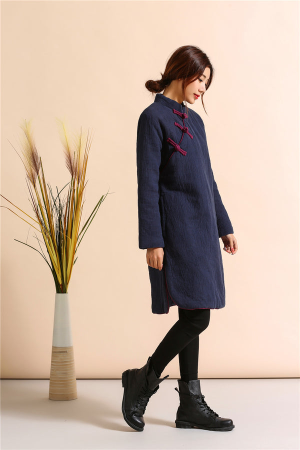 Women Asian Style Middle Length Diagonal Buckle Linen and Cotton Quilted Dress