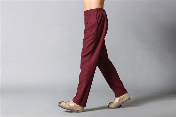 Men Casual Simple Pure Color Cotton and Linen Pants