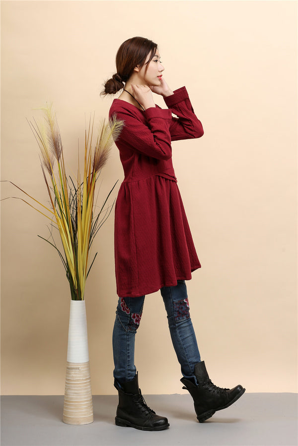 Women Tunic Style Pure Color Long Sleeved Linen and Cotton Tea Length Short Dress
