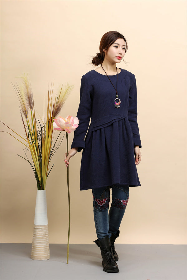 Women Tunic Style Pure Color Long Sleeved Linen and Cotton Tea Length Short Dress