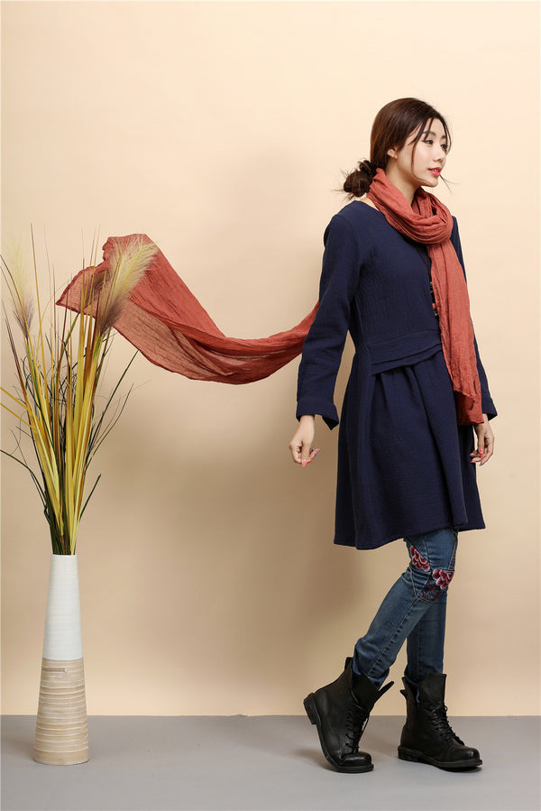 Women Tunic Style Pure Color Long Sleeved Linen and Cotton Tea Length Short Dress