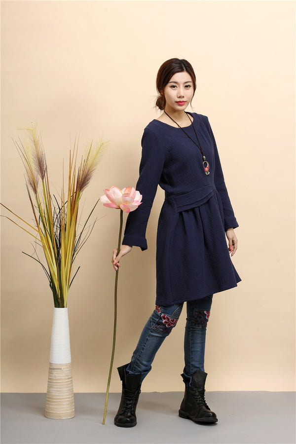 Women Tunic Style Pure Color Long Sleeved Linen and Cotton Tea Length Short Dress