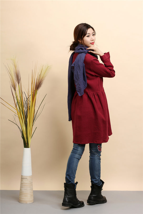 Women Tunic Style Pure Color Long Sleeved Linen and Cotton Tea Length Short Dress