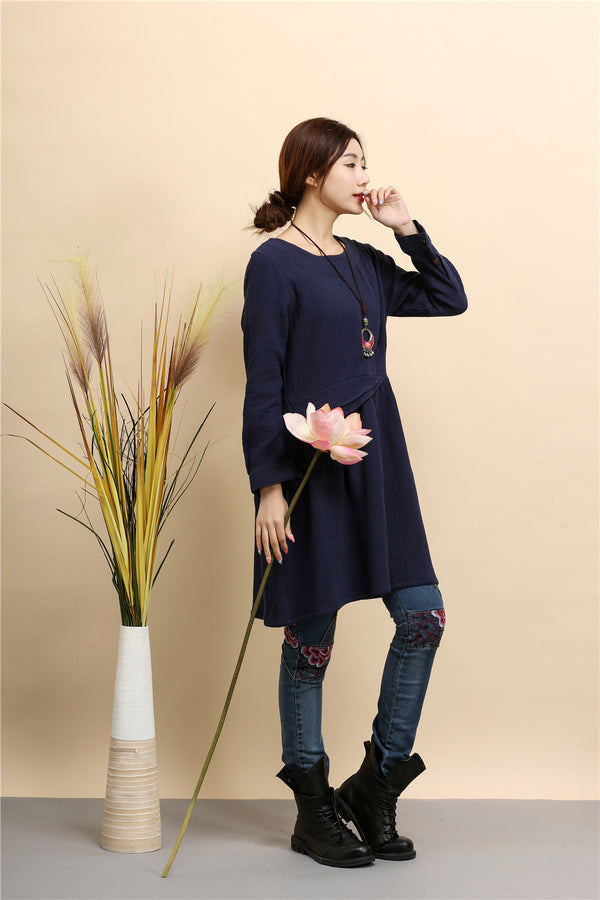 Women Tunic Style Pure Color Long Sleeved Linen and Cotton Tea Length Short Dress
