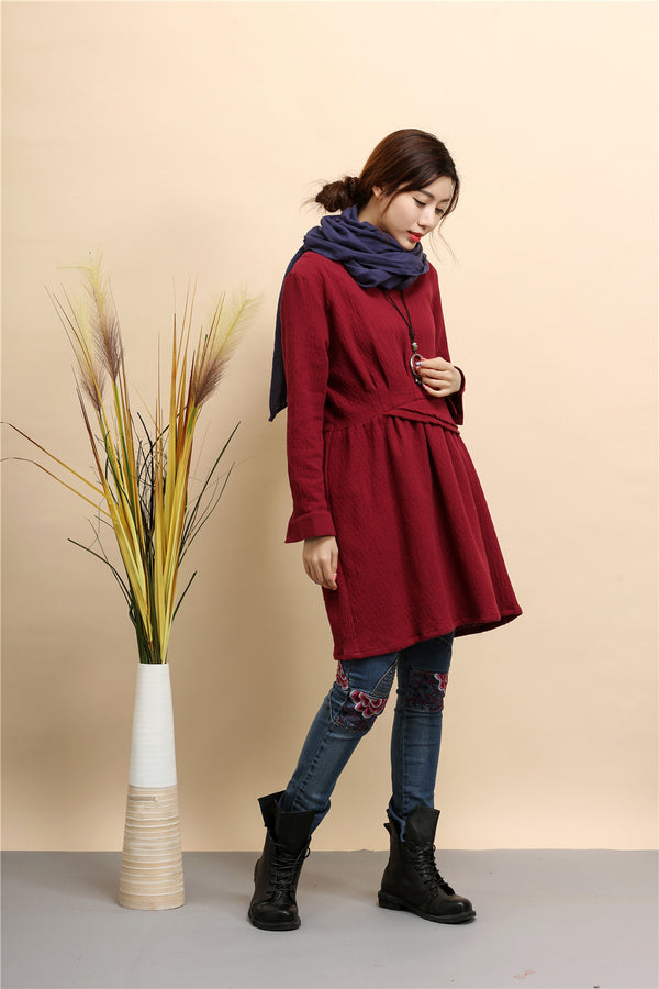 Women Tunic Style Pure Color Long Sleeved Linen and Cotton Tea Length Short Dress