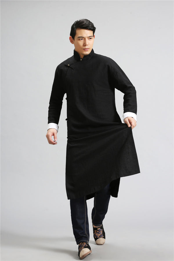 Men Tranditional Chinese KungFu Style Tunic Type Linen and Cotton Coat