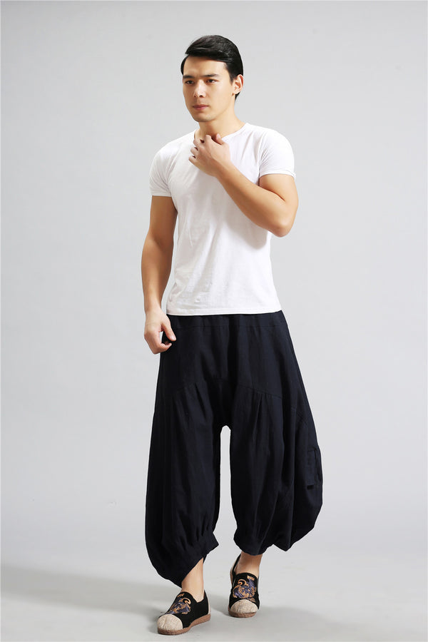 Men Casual New Style Loose Pure Color Cotton and Linen Hanging Crotch Pants