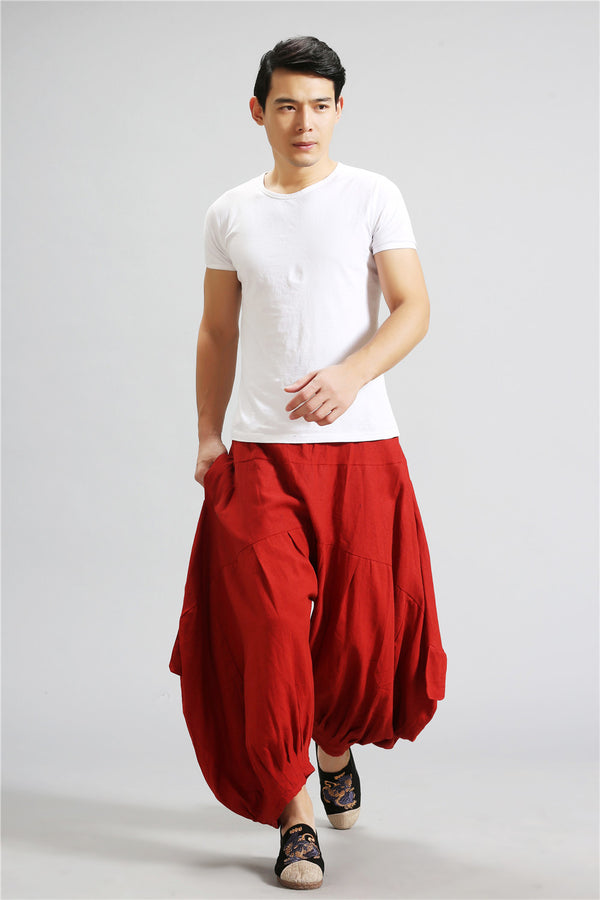 Men Casual New Style Loose Pure Color Cotton and Linen Hanging Crotch Pants