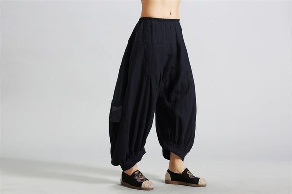 Men Casual New Style Loose Pure Color Cotton and Linen Hanging Crotch Pants
