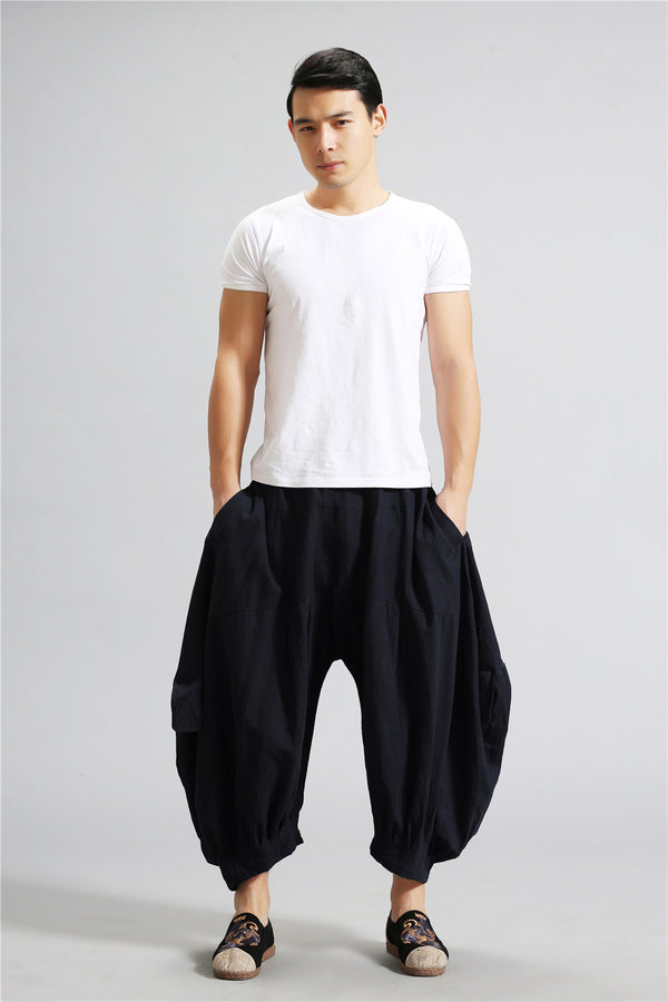 Men Casual New Style Loose Pure Color Cotton and Linen Hanging Crotch Pants