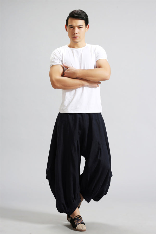 Men Casual New Style Loose Pure Color Cotton and Linen Hanging Crotch Pants