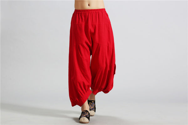 Men Casual New Style Loose Pure Color Cotton and Linen Hanging Crotch Pants