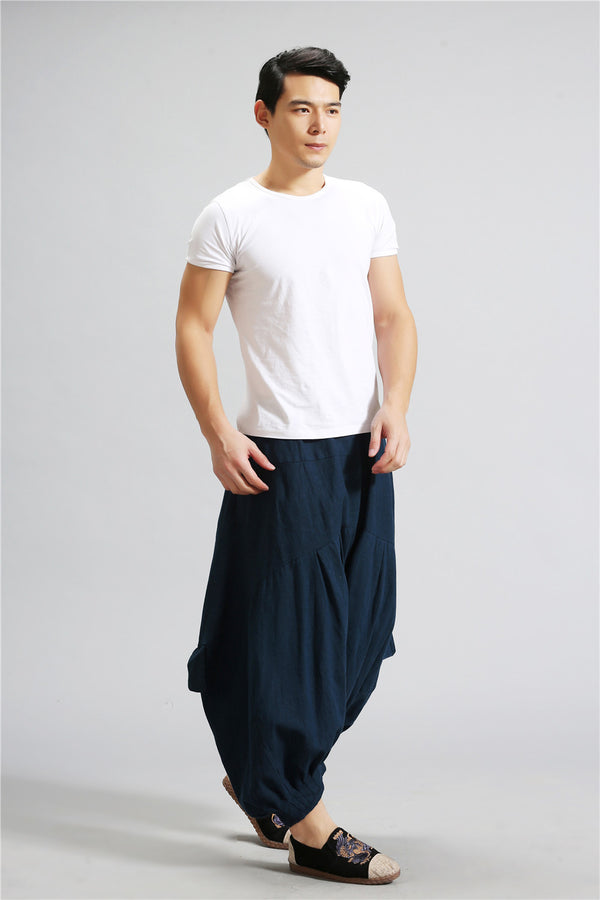 Men Casual New Style Loose Pure Color Cotton and Linen Hanging Crotch Pants